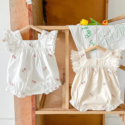 Newborn Baby Girls Jumpsuit Flying Sleeve Cotton Flower Embroidery Toddler Baby Girl Bodysuits Baby Girls Clothes For Summer