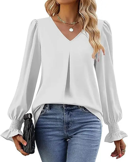 Women's New Solid Color Chiffon Shirt V-neck Pullover Flared Long Sleeved Top Shirt Office Lady Elegant Khaki Loose Blouse