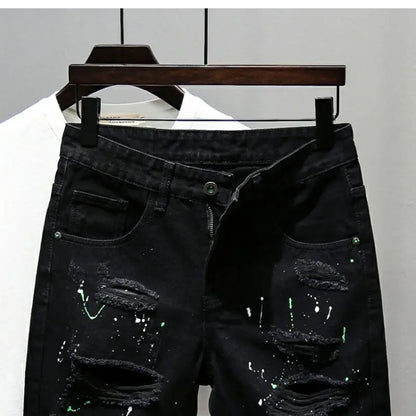 Fashion Summer New Casual Denim Jeans Knee Length Shorts for Men Black Cowboy Low Rise Ripped Holes Boyfriend Men's Denim Shorts