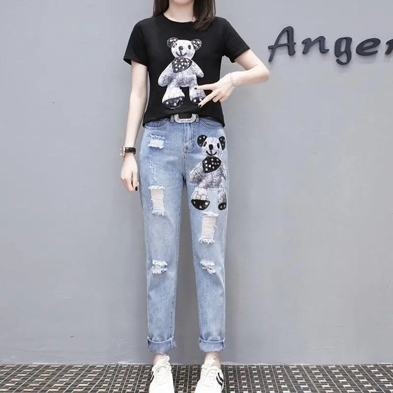 Cartoon Print Short Sleeve T-shirt Perforated Jeans Two Piece Elegant Women's Pants Set Summer Outfit Leisure Sports Suit