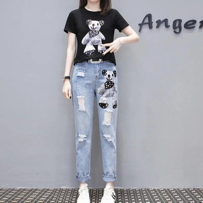 Cartoon Print Short Sleeve T-shirt Perforated Jeans Two Piece Elegant Women's Pants Set Summer Outfit Leisure Sports Suit