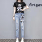 Cartoon Print Short Sleeve T-shirt Perforated Jeans Two Piece Elegant Women's Pants Set Summer Outfit Leisure Sports Suit