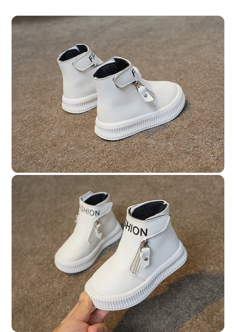 Children Fashion Boots Side Zipper Round-toe Kids Sport Boots Classic Solid Color Non-slip Boys Girls Leather Boots 2025 New