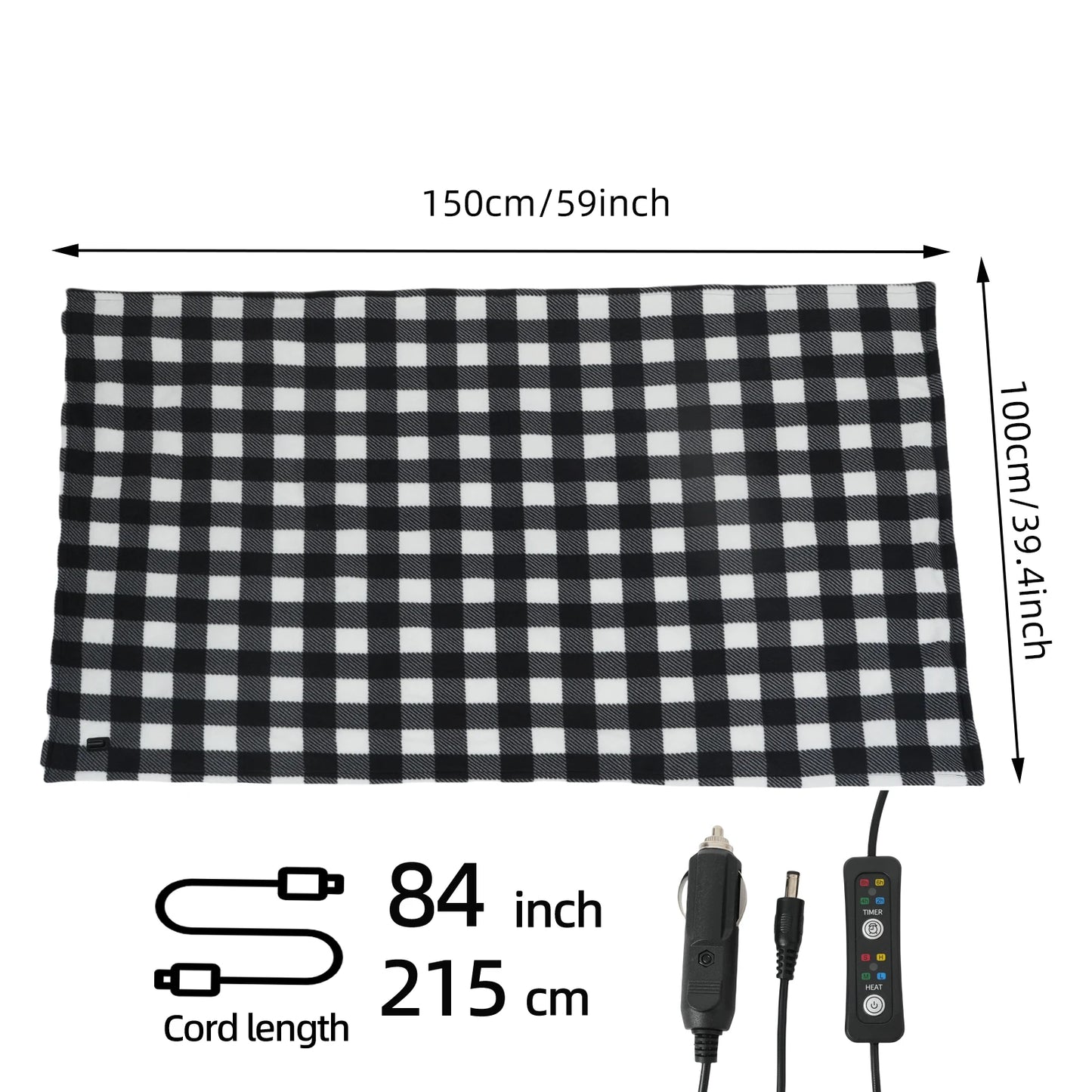 Heated Car Blanket 12-Volt Electric Blanket for Car, Truck, SUV, RV, Portable Heated Throw for Camping Red Black White Plaid