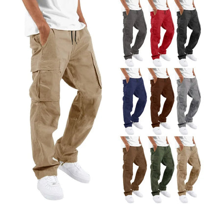 2026 new Men Spring Casual Trousers Solid Color Multi-Pocket Loose Straight Sports Fitness Pants Outdoor Cargo Pants Men