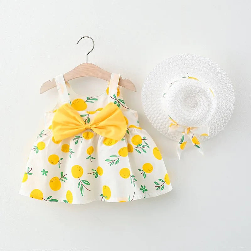 2Piece Sets Summer Toddler Girl Clothes Korean Fashion Flowers Cute Bow Sleeveless Princess Baby Dresses+ Sunhat Kids Dress BC136