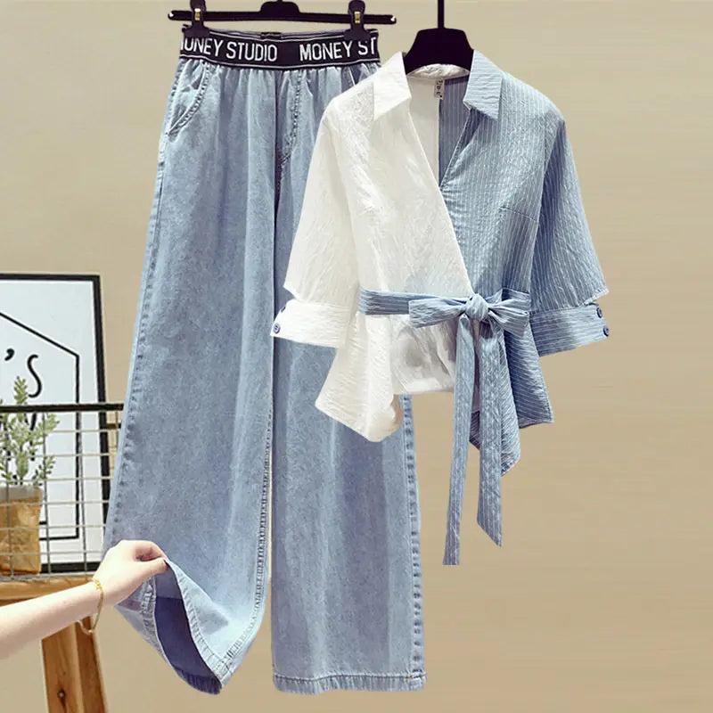 2026 Summer New Stitched Chiffon Shirt Female Set Elegant Women's Jeans Casual Blouse Two Piece Set Ladies Tracksuits