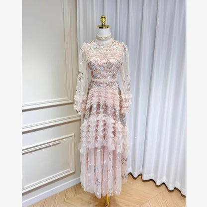 Summer Autumn Fashion Flower Embroidery Lace Prom Evening Dress Women Long Sleeve Layers Wooden Ear Edge Midi Cake Dresses Party
