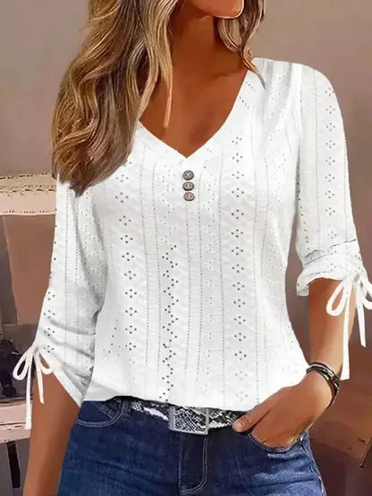 Women Long Sleeve Blouse 2026 Women's Fashion Trends Casual Button V-Neck shirts & blouses Elegant Female Hollow Out Bow Tops