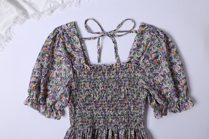 Summer Pleated Women Chiffon Dresses Casual Beach Holiday Short Sleeve Square Collar Woman Midi Dress Bohemian