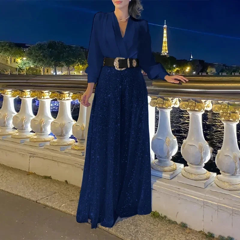 BWQ Splice Sequins Maxi Dresses For Women Fashion Folds Loose V Neck Elegant Dress Femme Party Evening Dresses Luxury 2026