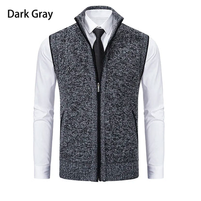 Vest Men Knitted Sleeveless Sweater Jacket Wool Velvet Zipper Cardigan Turn-down Pullovers Turtleneck Sweater coat Knit Waistcoat