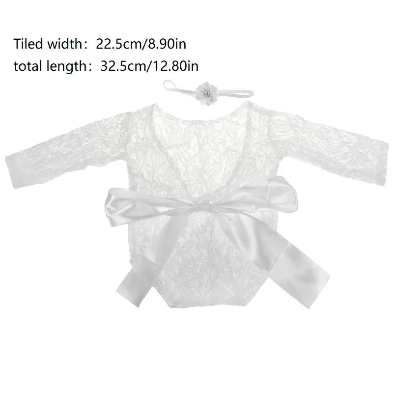2 Pcs 0-1 Month Newborn Photography Props Baby Headband Lace Romper Bodysuits Outfit Girl Costume Photo Clothing