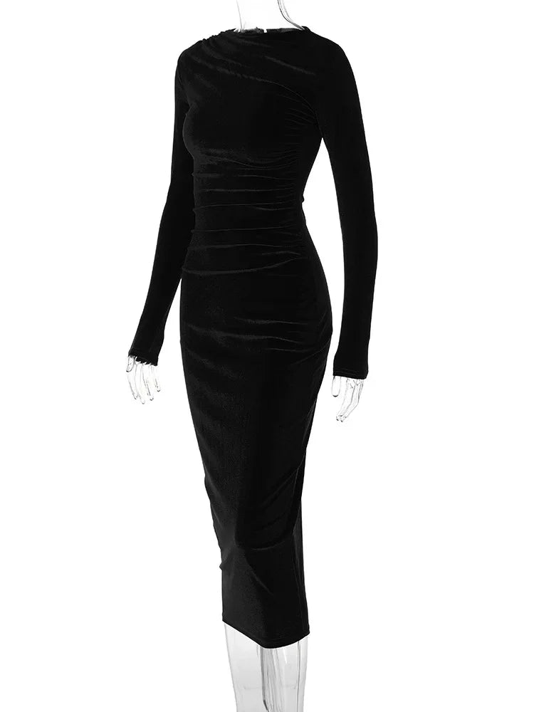 BWQ 2026 Spring Summer Velvet Long Sleeve Midi Dress For Women Ruched Long Dress Elegant Party Clothes Evening Green Outfits