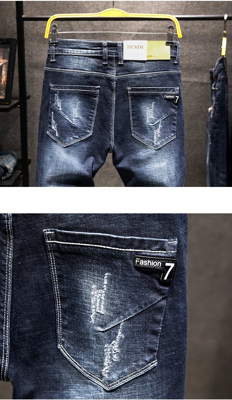 2025 New Ripped Jeans Men Slim-fit Denim Pants Cotton Korean Style Fashion Elasticity Versatile Blue Black Men's Clothing