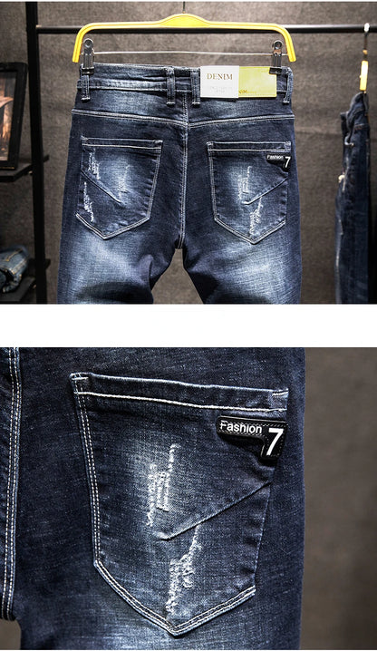 2025 New Ripped Jeans Men Slim-fit Denim Pants Cotton Korean Style Fashion Elasticity Versatile Blue Black Men's Clothing