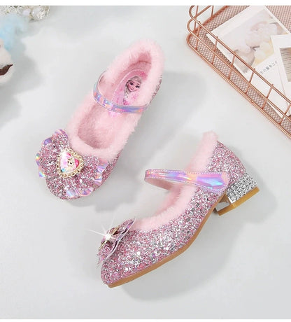 Disney Princess Kids Warm Winter Shoes for Girls Elsa Casual Glitter Children Flat Heel Girls Shoes Butterfly Knot Blue Pink