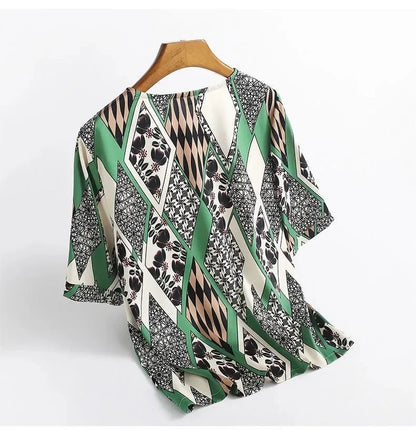 Plus Size Women Silk Satin Blouses Spring Summer Floral Printing Blouse Female Fashion Shirt Tops