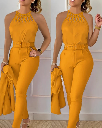 Two Piece Set Women Outfit 2026 Summer Fashion Hollow Out Round Neck Sleeveless Tank Top & Casual Pocket Daily Pants Set