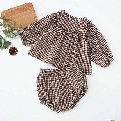 Infant Baby Boys Girls Clothes Set Spring Autumn Kids Baby Boys Girls Long Sleeve Grid T-shirt + Shorts 2pcs Toddler Clothes