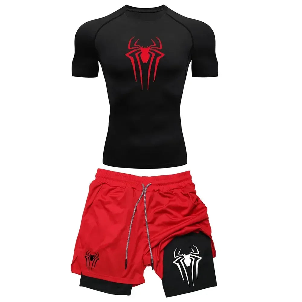 Men's Workout Compression Set Y2K Spider Printed Gym T-shirts Breathable Running Shorts Quick Dry Sports Rash Guard Sportwear Set