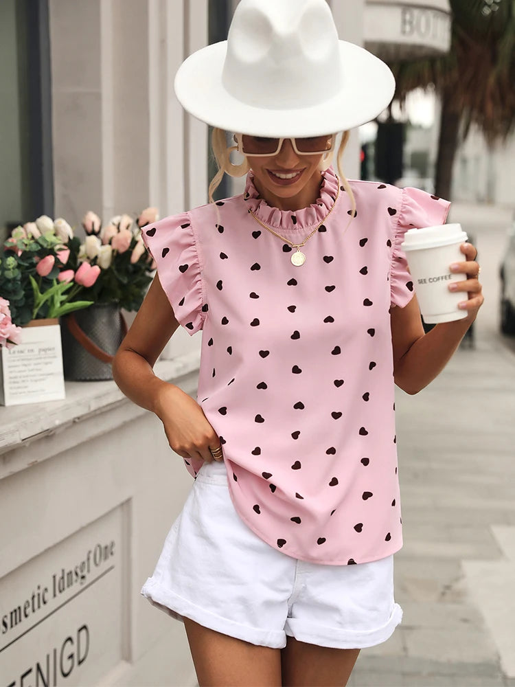 Fashion Chiffon Print Women's Shirt Casual Ruffle Short Sleeve Top Pink Chic Woman Blouse And Shirts Elegant Blouses Summer 2026