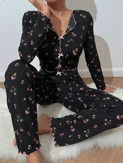 Women Sleepwear Autumn Winter Floral Print Pajamas Set Long Sleeve Top and Long Pants 2 Piece Casual Home wear Loungewear