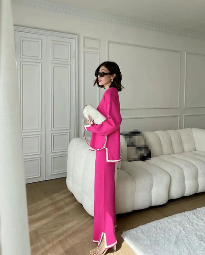 Autumn Women's Clothing Fashion Set Contrasting Color Split Long Sleeved Knitted Shirt High Waist Wide Leg Pants Two-piece Set