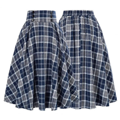 Loose Fit Skirt Elegant Retro Ruffle Maxi Skirt with Color block Plaid Print Soft Pockets for Women High Elastic Waist for Party