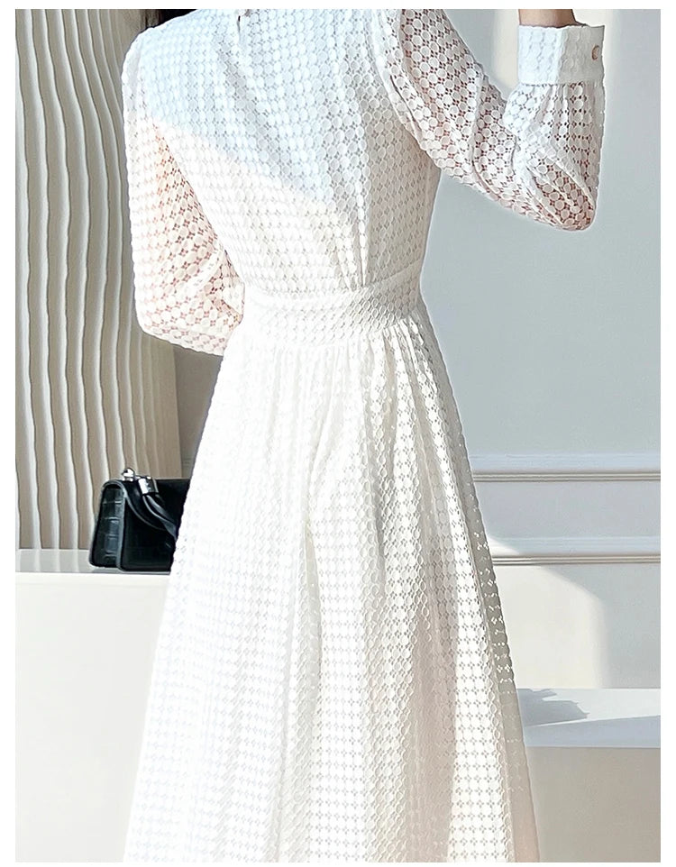 Lace Long Sleeves White Midi Dresses for Women 2026 New Autumn French Elegant Fashion Evening Wedding Party Robe Female Clothing