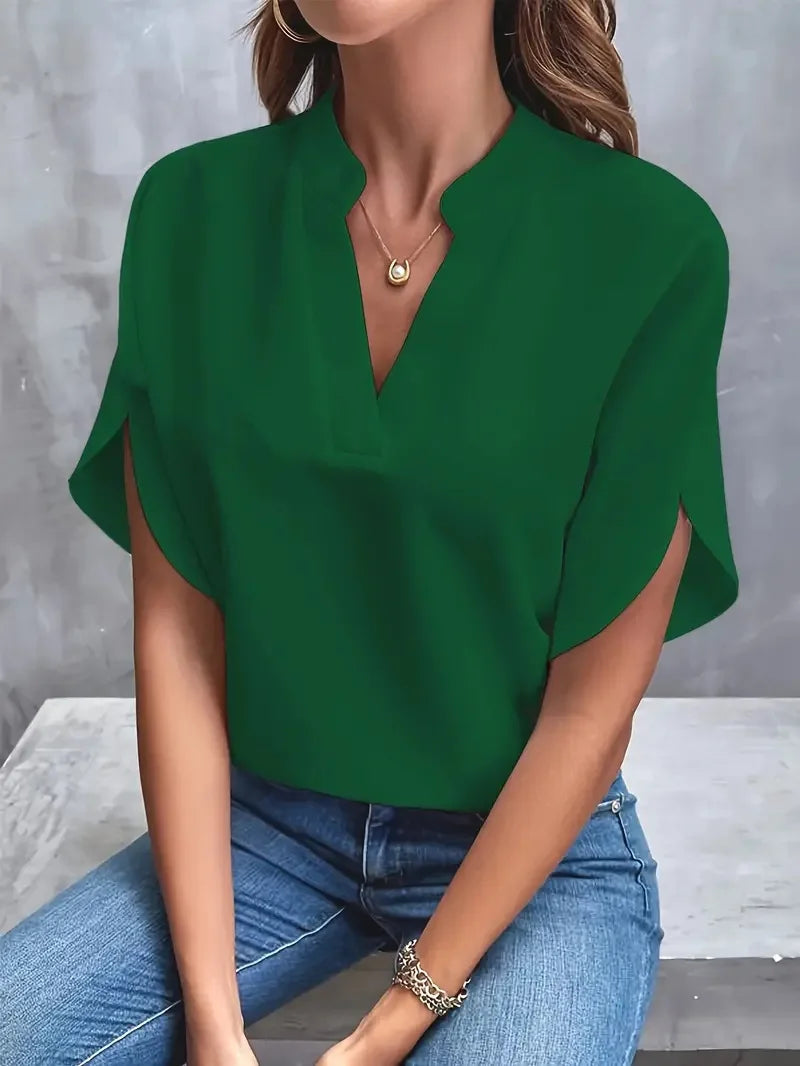 Summer Elegant Women's Blouse New V-neck Short Sleeve Solid Color Loose Shirt Casual White Tops Office Lady Blouse