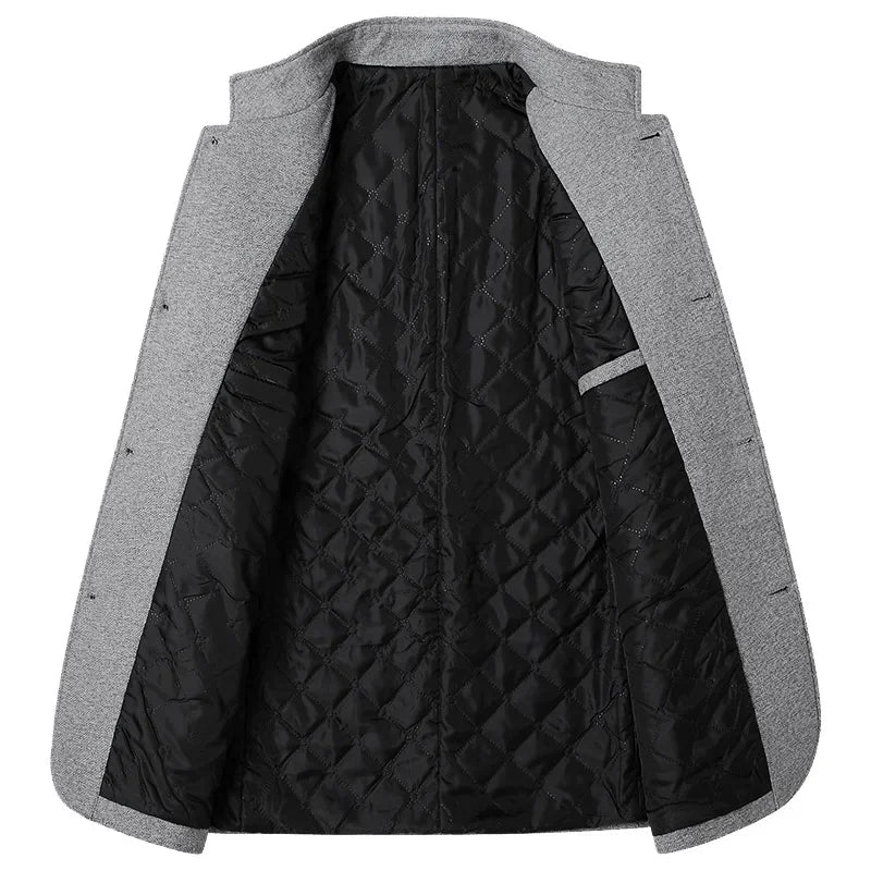 Men's Woolen Coat 2026 Autumn/Winter New Cotton Thickened Single Breasted Standing Collar Wool Blend Male Jacket