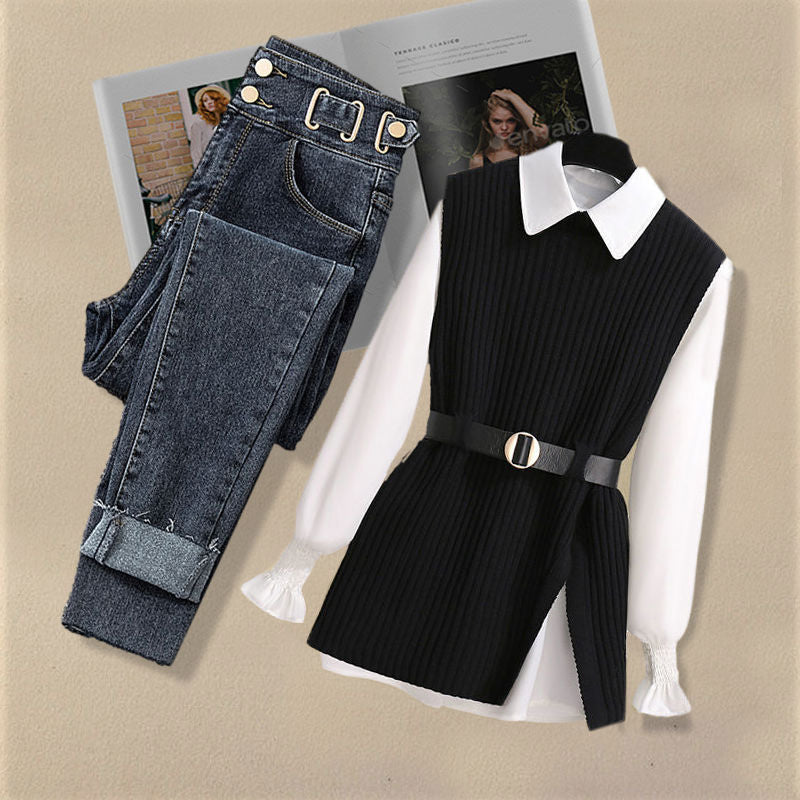 2026 Autumn Increased Size Korean Popular Chiffon Shirt Knitted Sweater Jeans Three Piece Elegant Women's Pants Set Tracksuit