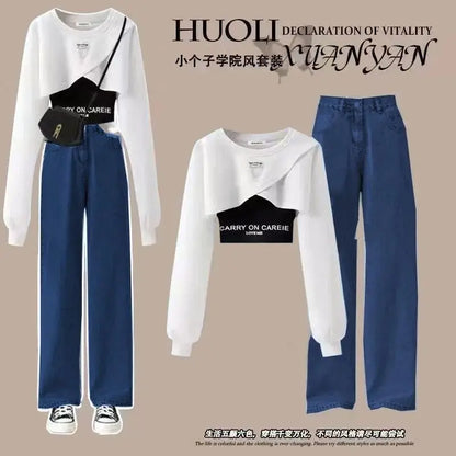Spring and Autumn Set Women's 2026 Korean Loose Fashion Top Casual Work Pants Age Reducing Three Piece Set