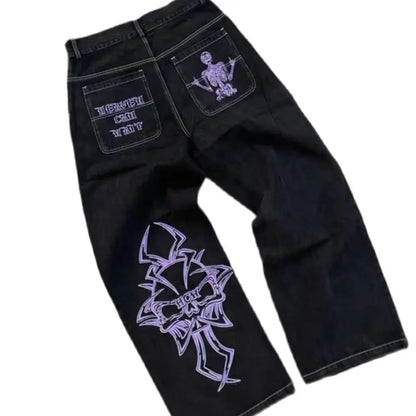 Y2K Jeans Men's Hip Hop Retro Skull Embroidery Washed Baggy Denim Pants New Straight Casual Loose Wide Leg Trouser Streetwear