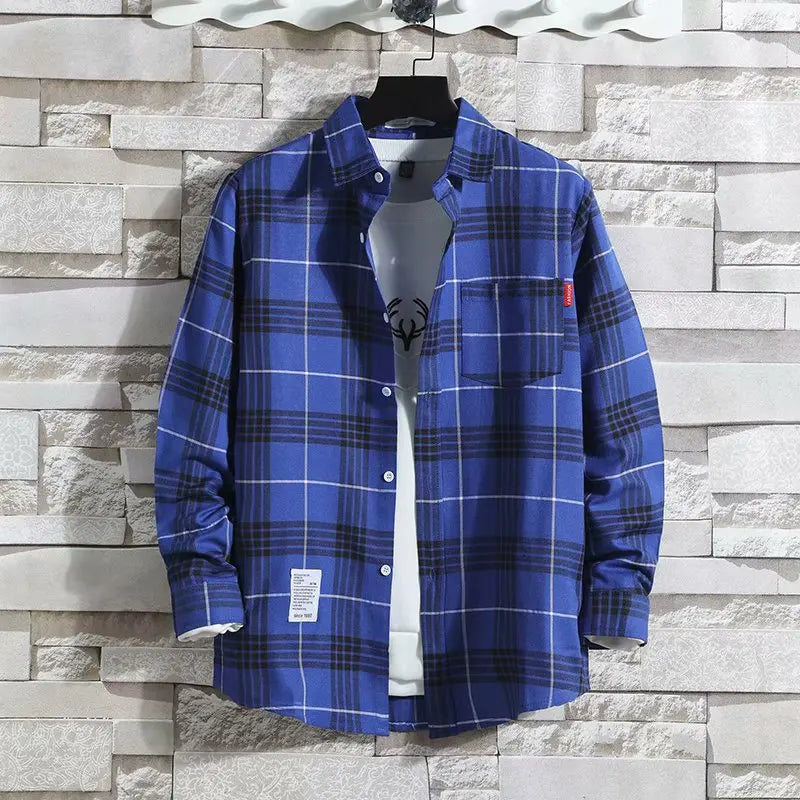 Spring New Korean Style Plaid Shirts Men's Handsome Long-sleeved Loose Casual All-matching Shirt Coats 2026 Trend Men's Clothing