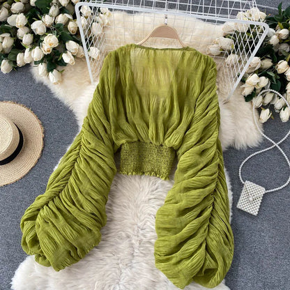 Women Sexy Chiffon Short Blouse Female See Through Super Long Sleeve Purple/Green/Black/White Folds Party Tops 2026 New