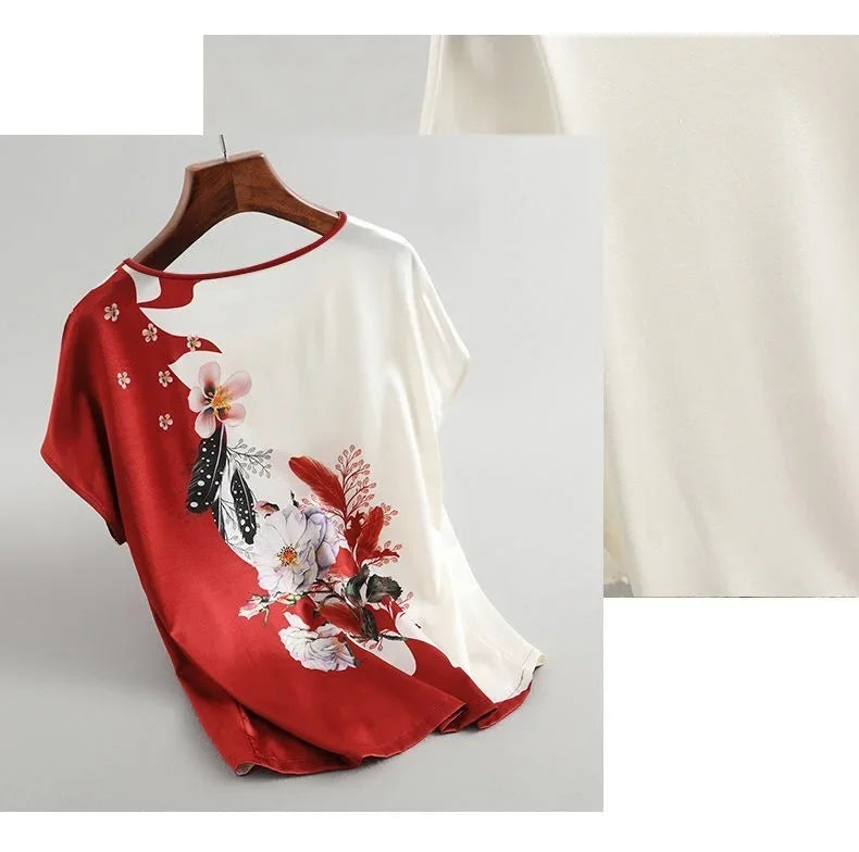 Plus Size Women Silk Satin Blouses Spring Summer Floral Printing Blouse Female Fashion Shirt Tops