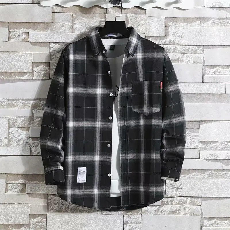 Spring New Korean Style Plaid Shirts Men's Handsome Long-sleeved Loose Casual All-matching Shirt Coats 2026 Trend Men's Clothing