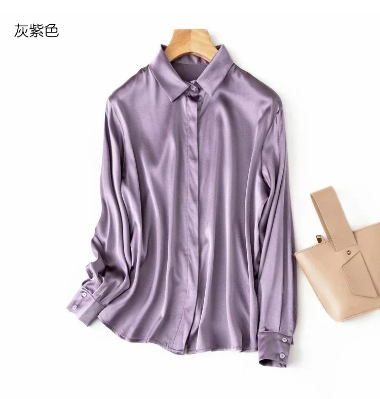 Tajiyane Women's 93% Mulberry Silk 7% Spandex 19 momme satin Silk Buttons long sleeve shirt Top Blouse office work chemise femme