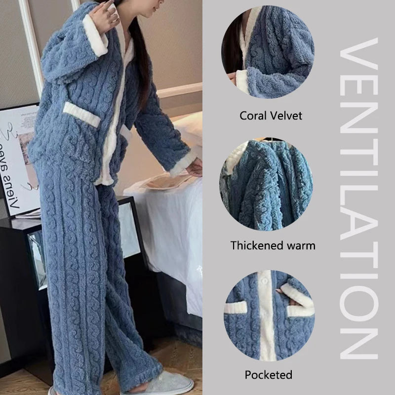 2pcs/Set Autumn And Winter Pajamas Women Thickened Padded Warm Students Coral Girls Clot Velvet Suit Home wear Cardigan Trousers