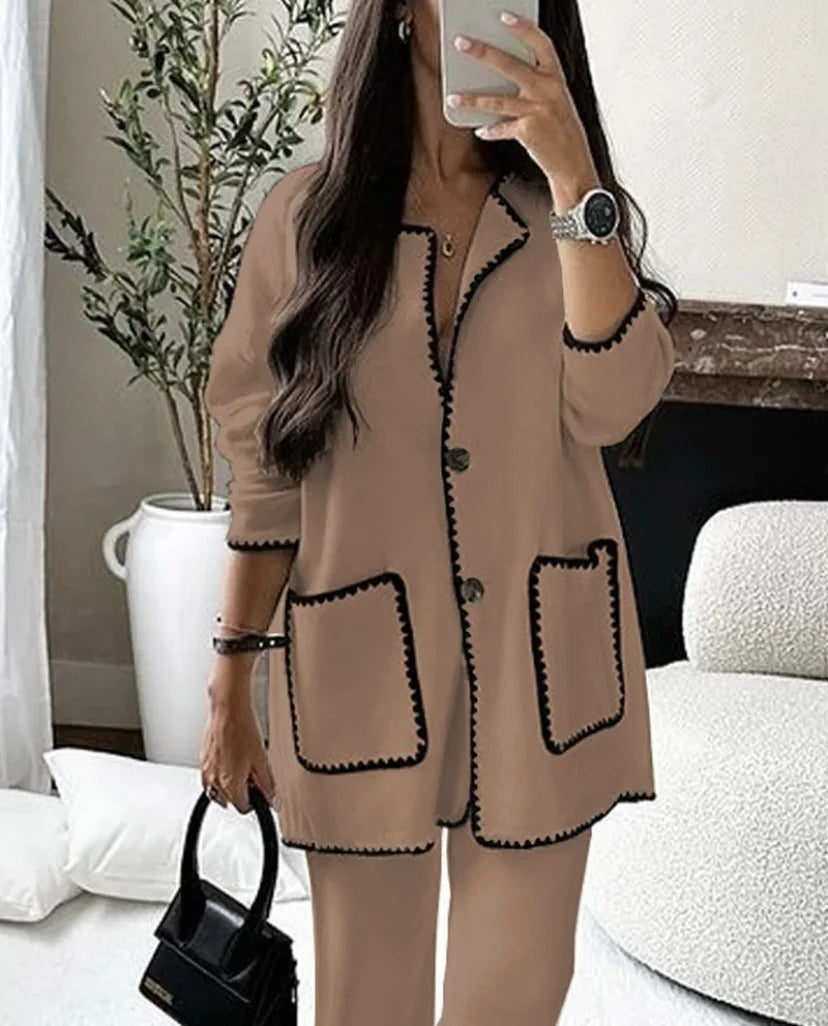Loose Casual Women's Suit Autumn Double Pocket Single Breasted Cardigan New Fashion Casual Loose Solid Color Two-piece Set