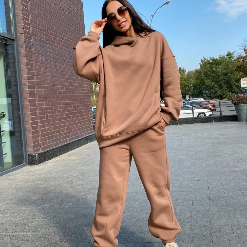 2 Pcs/Set Chic Two Pieces Set Winter Hoodie Pants Set Solid Color Casual Deep Crotch Autumn Tracksuit Keep Warm