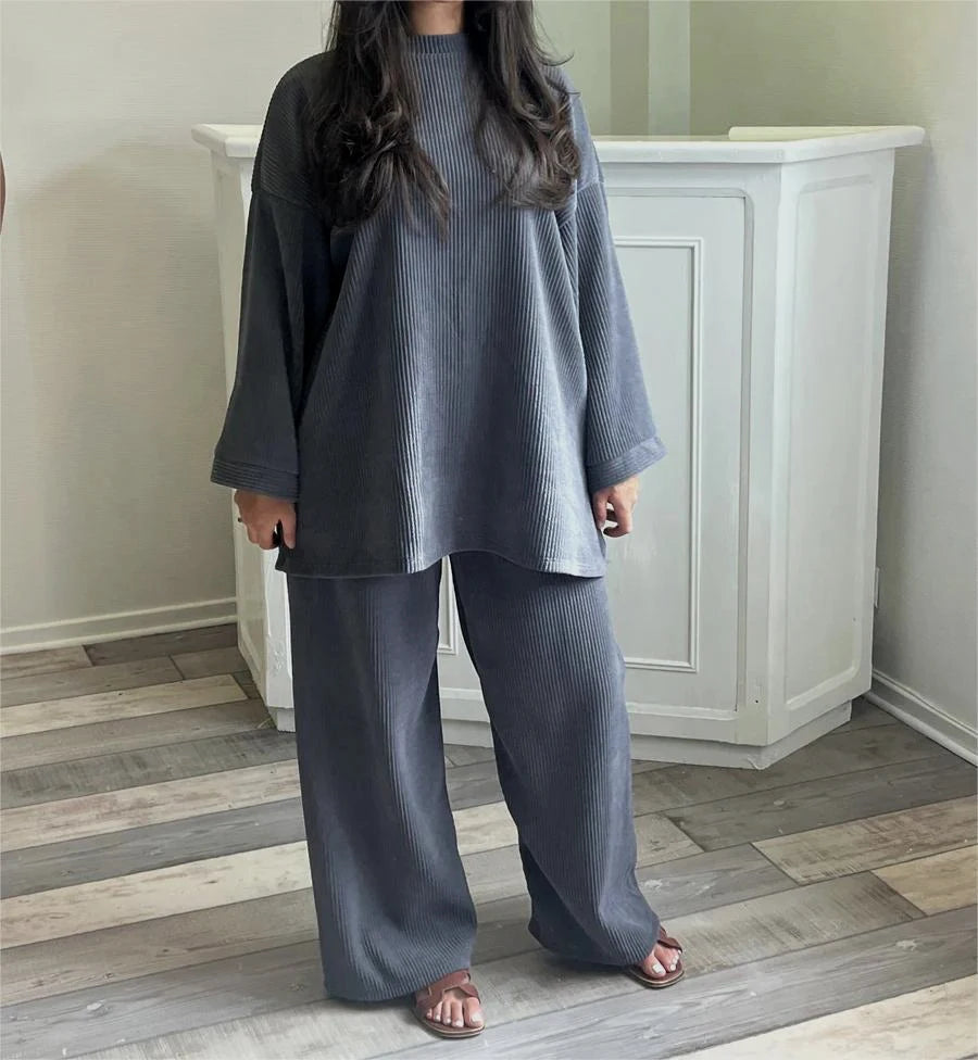 Spring Autumn Solid Color Corduroy Pants Sets Women Loose Long Sleeve Wide Legs Trousers Two Piece Set Female Commuting Clothing