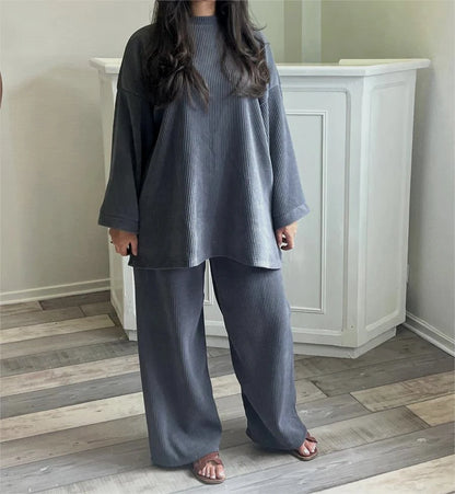 Spring Autumn Solid Color Corduroy Pants Sets Women Loose Long Sleeve Wide Legs Trousers Two Piece Set Female Commuting Clothing