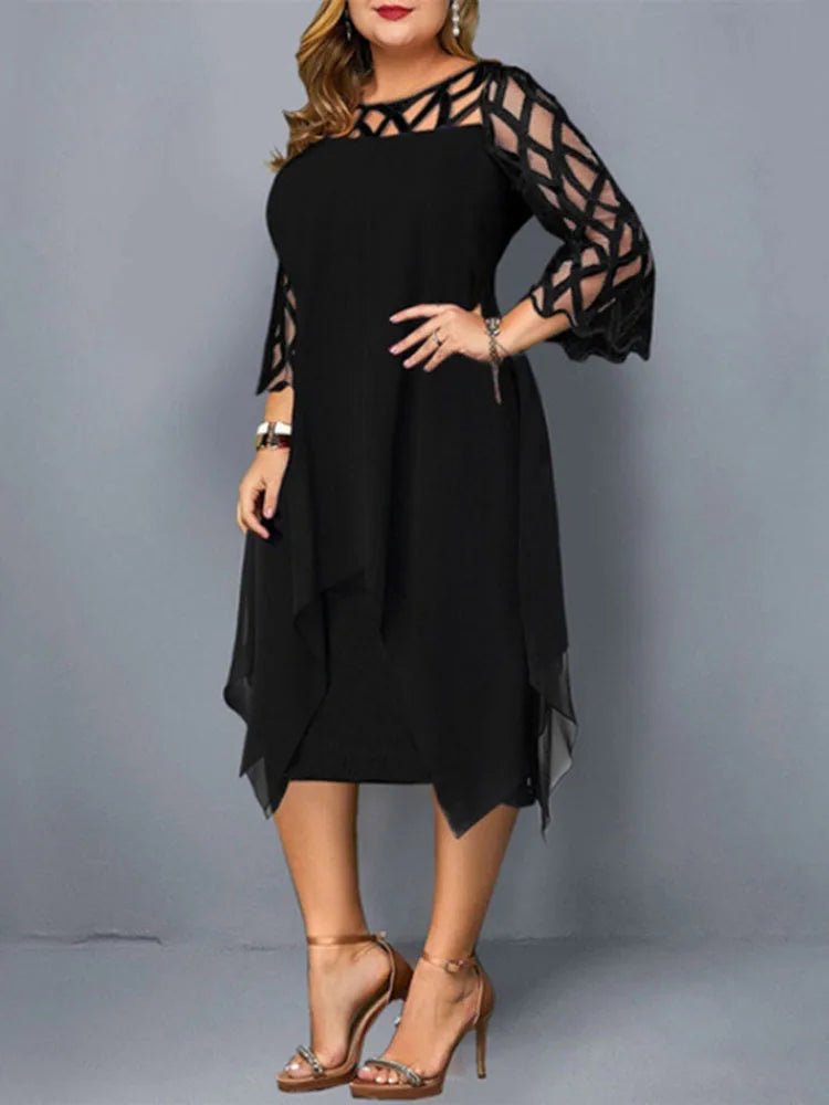 Sexy Women'S Clothing Evening Dresses Xxl O Neck Lace Sleeve Hollow Out Solid 2026 Elegant Midi Party Dress For Chubby Women