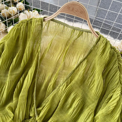 Women Sexy Chiffon Short Blouse Female See Through Super Long Sleeve Purple/Green/Black/White Folds Party Tops 2026 New