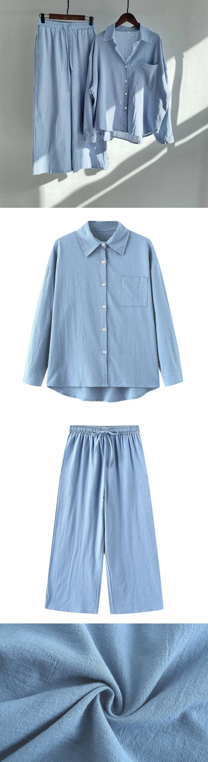 Loose Solid Color Cardigan Shirt Wide Leg Pants Women's 2-piece Set Of Retro Cotton Linen Shirt High Waist Long Pants Set Outfit