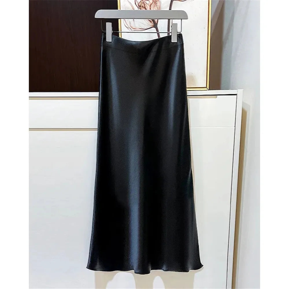 2026 Black Satin Skirt Women High Waist Elegant Long Skirts Street Fashion Summer Midi Skirt Office Slim Sexy Vintage Skirts