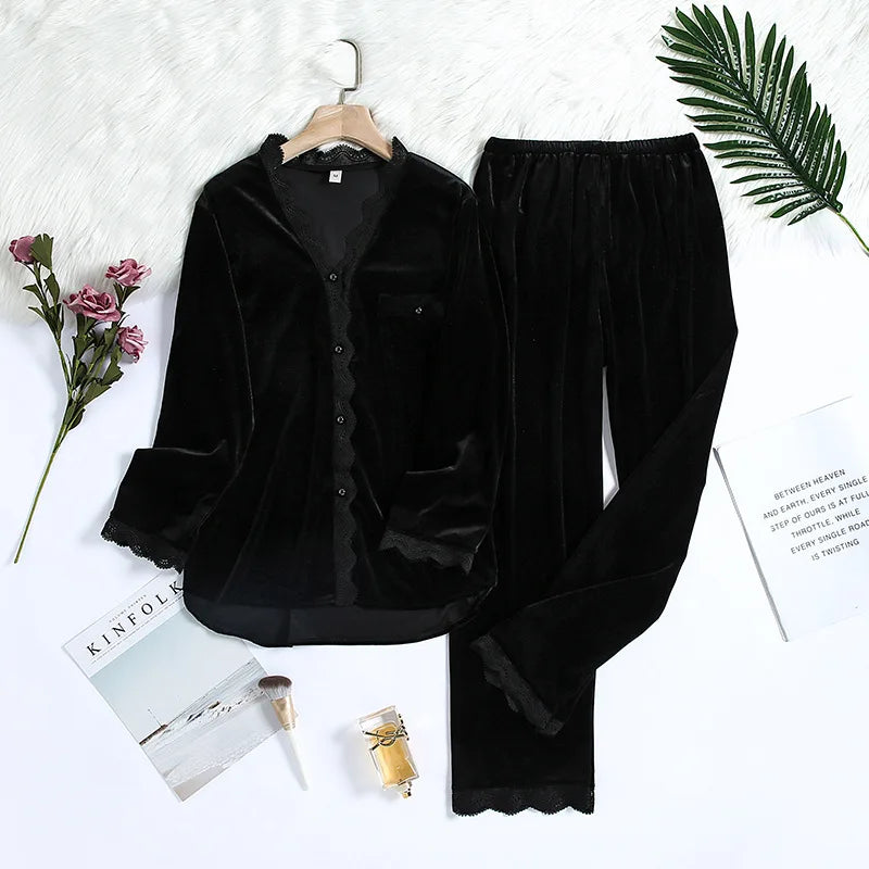 2PCS Velvet Pajamas Set For Women Winter Warm Pajama Sexy Female Valor V-neck Lace Home wear Autumn New Long Pant Pijamas Suit